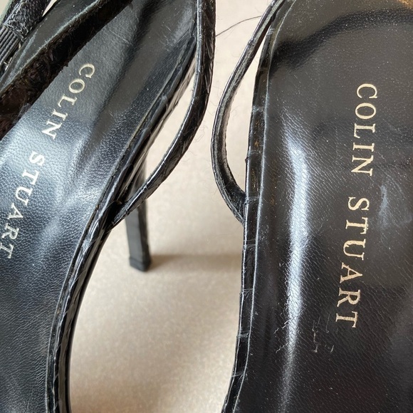 Colin Stuart Black Leather Snake Pattern Square Toe Heeled Sandals - Picture 2 of 6